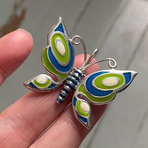 Vintage 925 Sterling Silver Enamel Blue Green White Butterfly Brooch